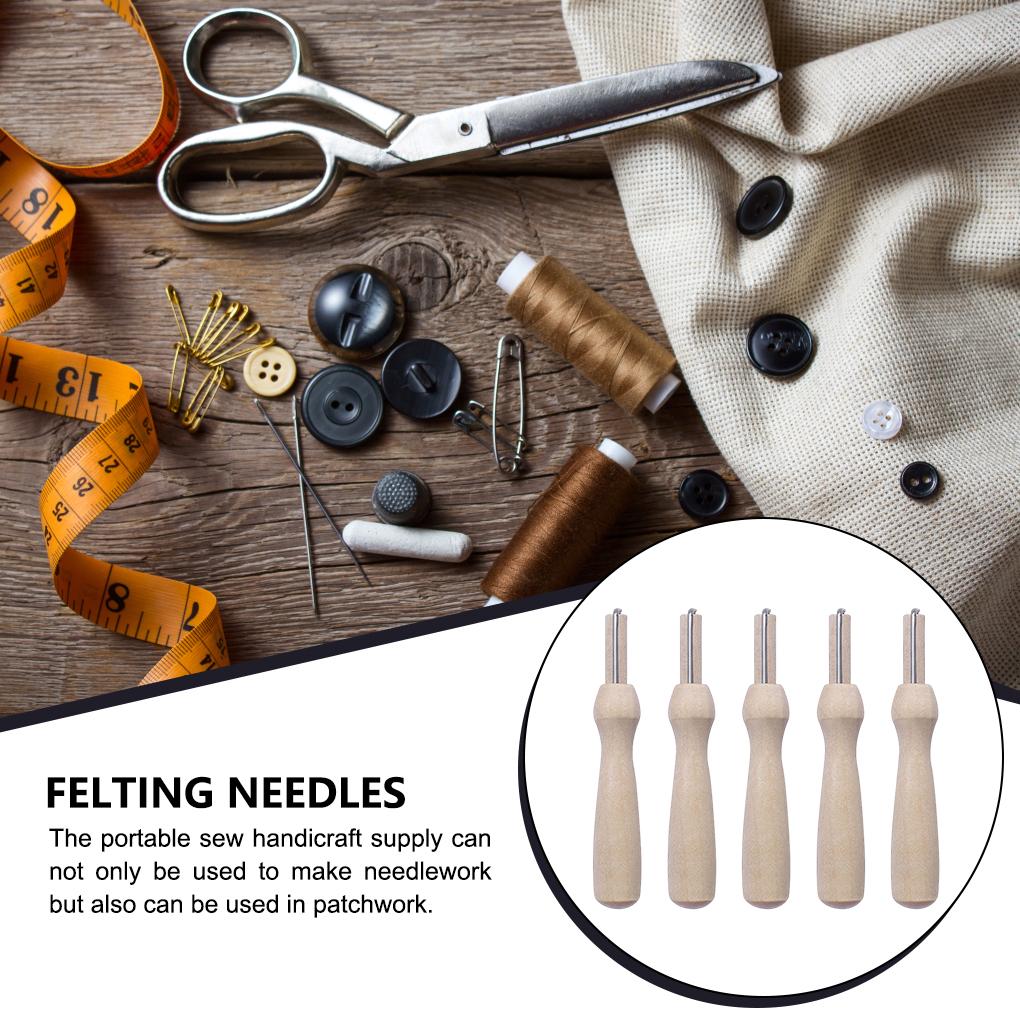 5 Pieces Wood Felting Handle Holder with Needles DIY Crafting Felt Needlework Tool Handicraft Accessory Professional