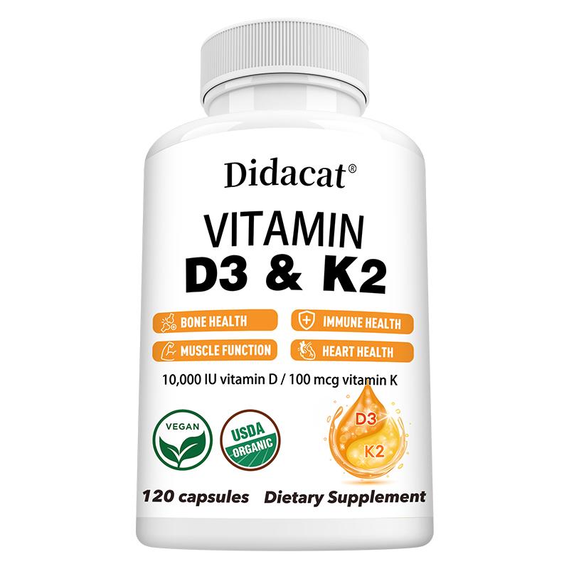 Didacat Vitamin D3 & K2 10000 IU, USDA Organic 120 Capsules Bone & Immune Health Supplement 120PCS