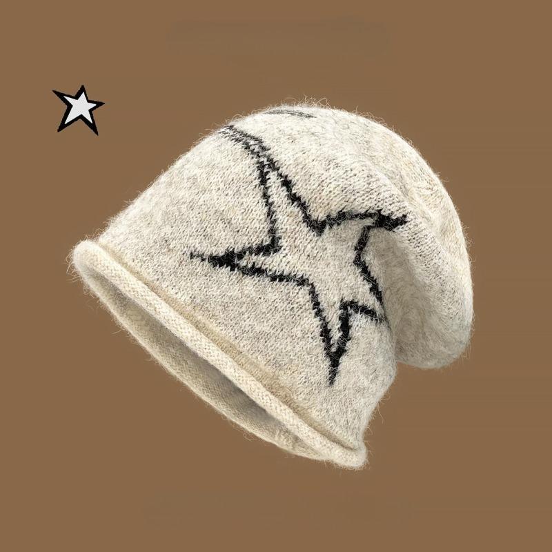 Korean Retro Pentagram Pulling Craft Beanies for Women Autumn Winter Fashion Warm Ear Protection Versatile Casual Pullover Hat