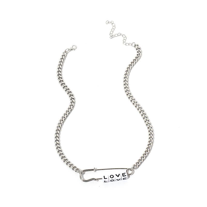 Love Safety Pin Letter Necklace, Unique Minimal Choker Clavicle Chain for Women