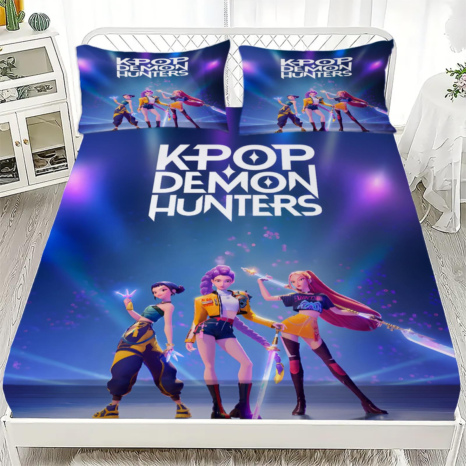 

K-Pop D-Мисливці на демонів Простирадло на резинці від Персоналізований для Домашнього Декору Налаштований DIY Покривало для ліжка Глибока кишеня з 2 наволочками 99x190x25cm 3pcs