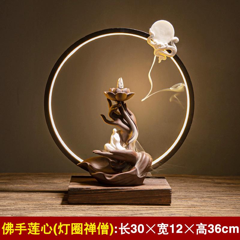 Feng Shui Chinese-style Purple Clay Inverted Flow Incense Burner, Zen-inspired Buddha's Hand Lotus Heart Lamp Ring Ornament, Cer