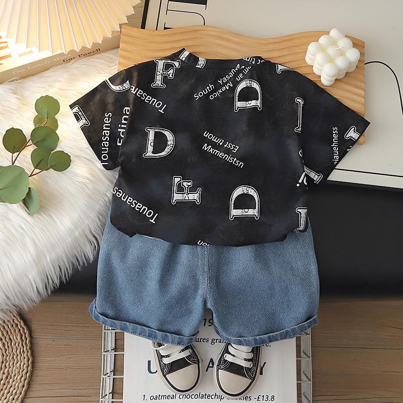 Boys' short sleeved set summer Children's round neck printed T-shirt+casual denim shorts Boys' high-quality clothes