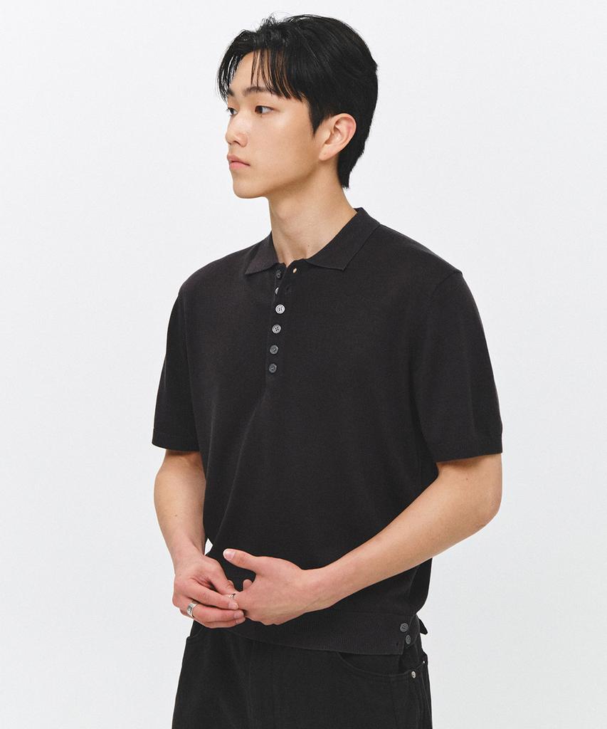 ECORR Linen Henley Neck Collar Crop Short Sleeve Knit_Charcoal