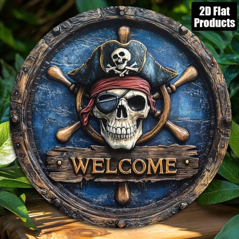 Placa Artística Redonda de Alumínio Pirata Vintage Bem-vindo Decoração de Casa Bar Café Parede
