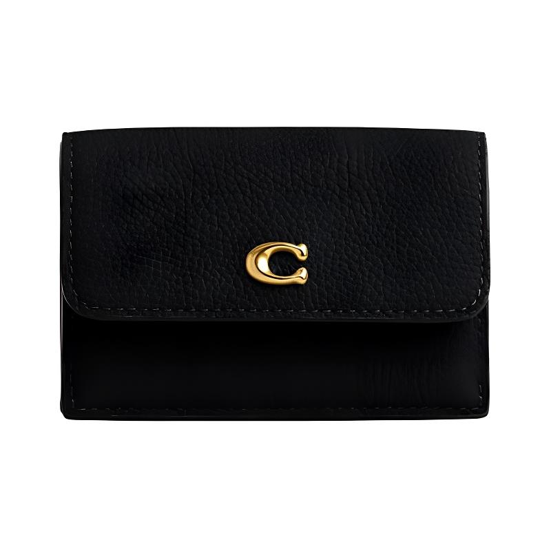 COACH Trifold Wallet 11 Solid Color Flip Snap Trifold Pebbled Leather Wallet Women s Black black чёрный