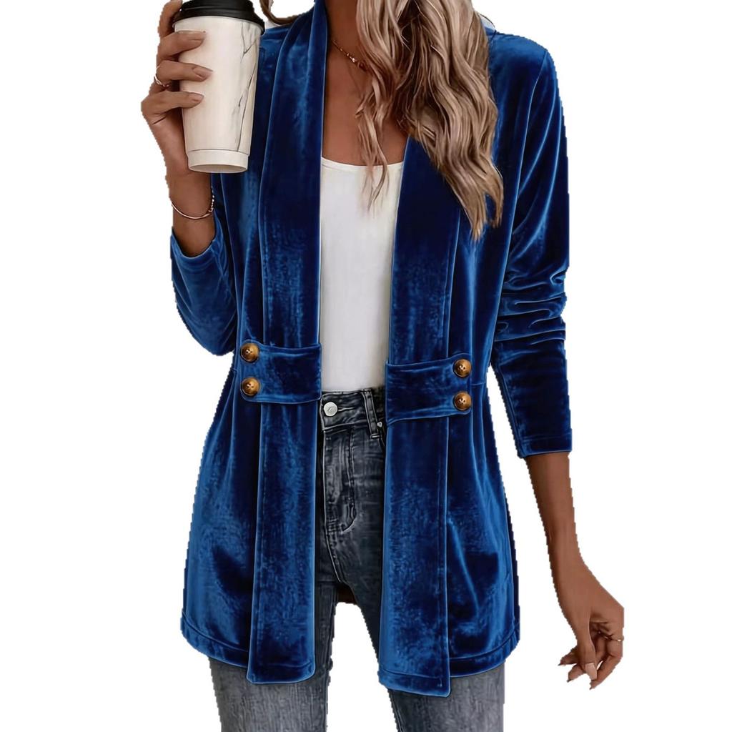 Women Velvet Long Sleeve Cardigan Double Breasted Gold Button Casual Longline Outerwear