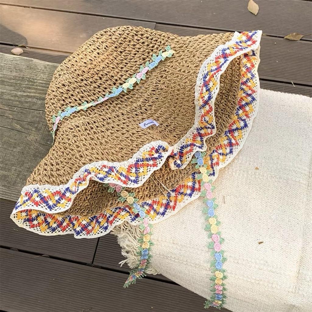 Ethnic Style Wide Brim Straw Hat Summer Sun Protection For Beach Vacation Women