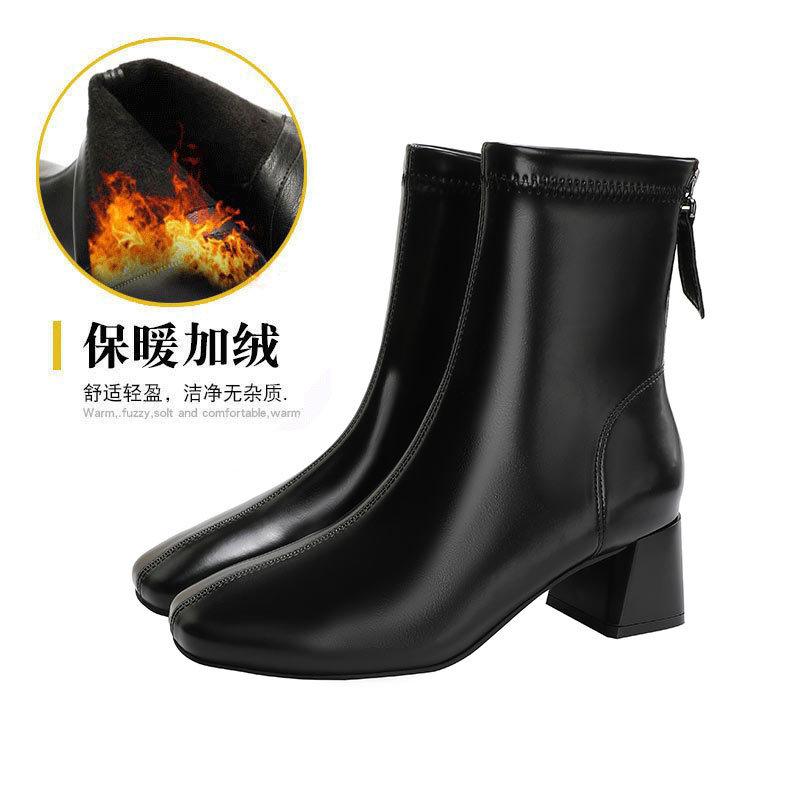 Square head short boots women's thick heel 2025 new autumn and winter high heel medium tube women's boots brown thin French short boots