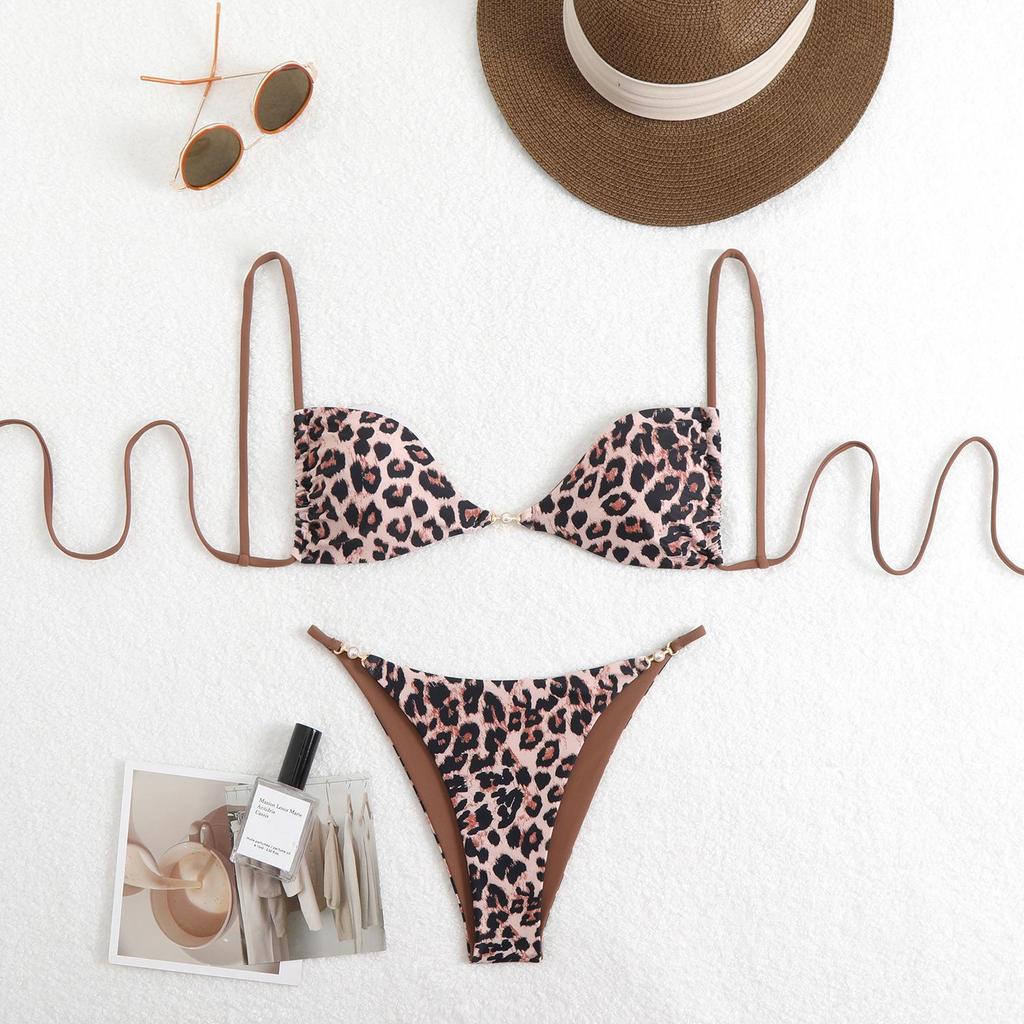 Dámská třídílná sada plavek bikiny s leopardím potiskem pro rok 2025 - Sexy, přiléhavý střih, dělený styl