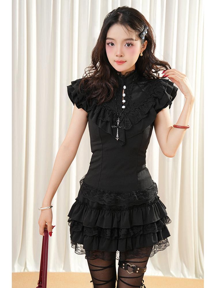 

Винтажный утягивающий черный кружевной комплект из двух частей: Рубашка с коротким рукавом и многослойная мини-юбка XL