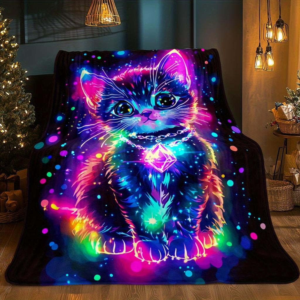 1pc Neon - Lit Cat with Colorful Background Used for Sofa, Bedroom, Living Room, Bed, Couch, Chair Soft and Warm Blanket-Lightweight Flannel