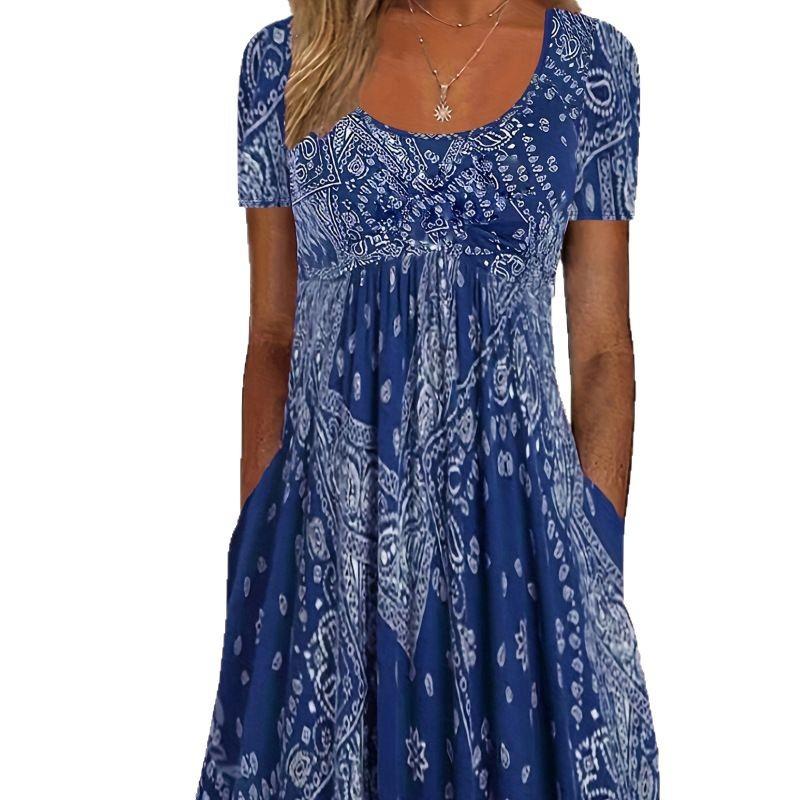 A New Summer Dress with A Mid-waist, Short Sleeve, Round Neck and Retro Printed Style, Featuring A Comfortable and Casual Pullover