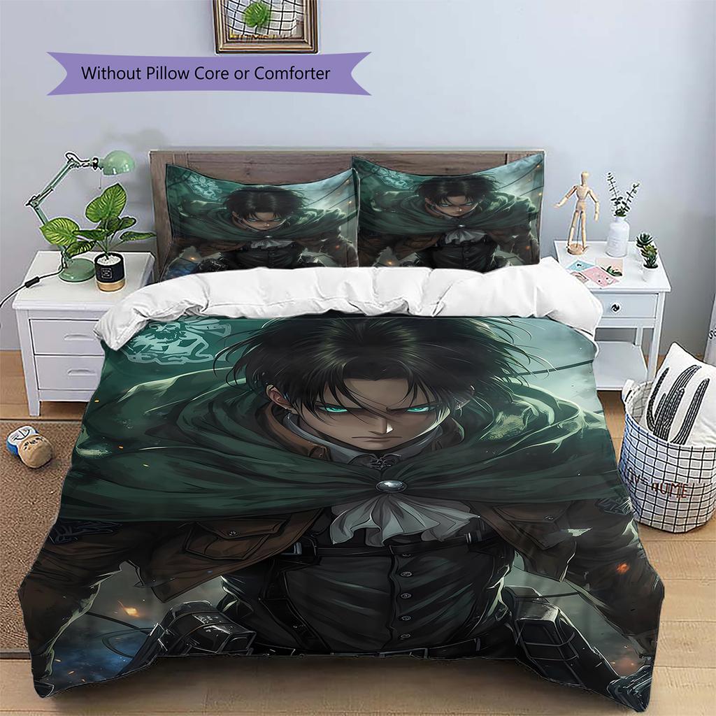 Pościel z motywem Attack on Titan, Zestaw kołdry Poszewka na kołdrę Poszewka na poduszkę Domowy prezent urodzinowy (1 * poszwa na kołdrę + 2 * poszewki na poduszki, bez rdzenia)