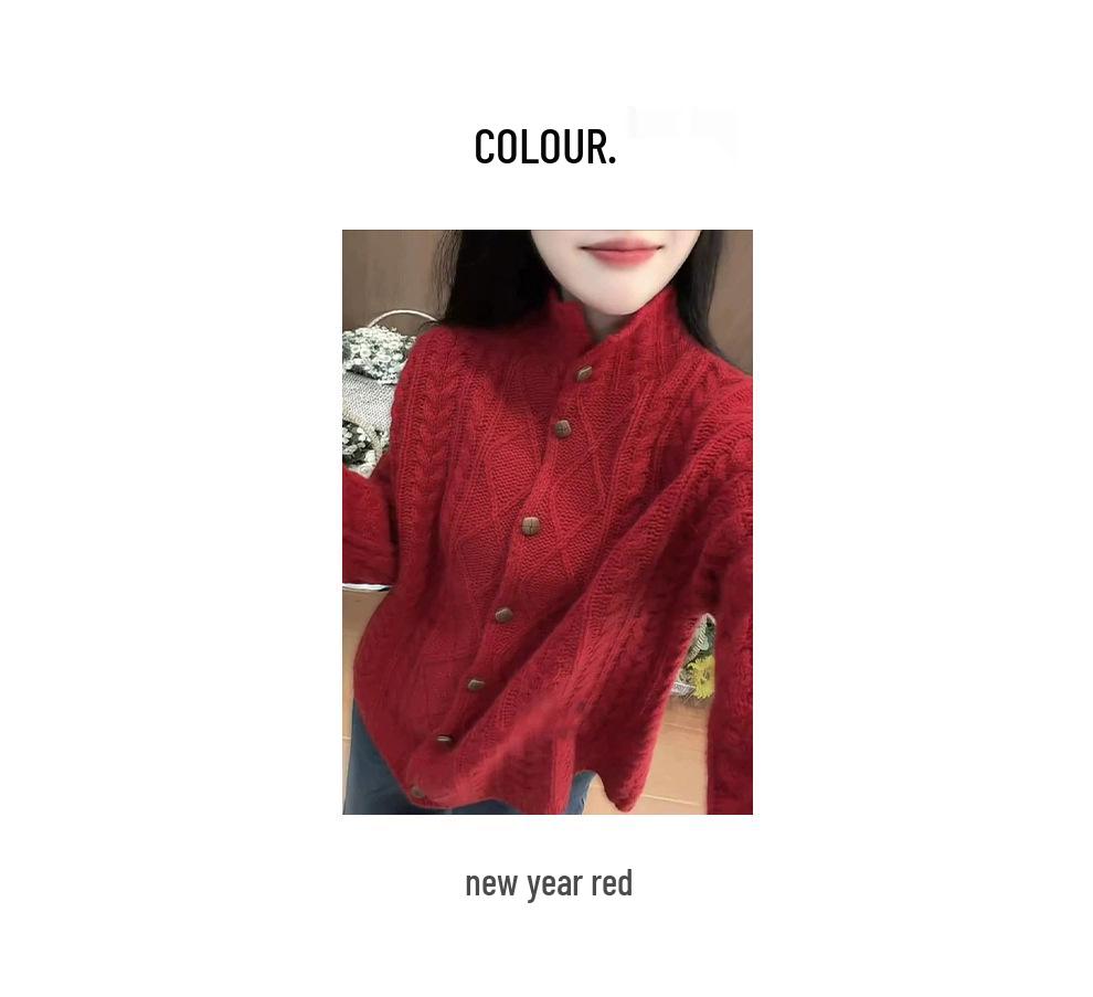 Women's High Neck 100% Pure Wool Jacquard Cardigan: Thick, Loose, Red Autumn/Winter Outerwear Sweater.