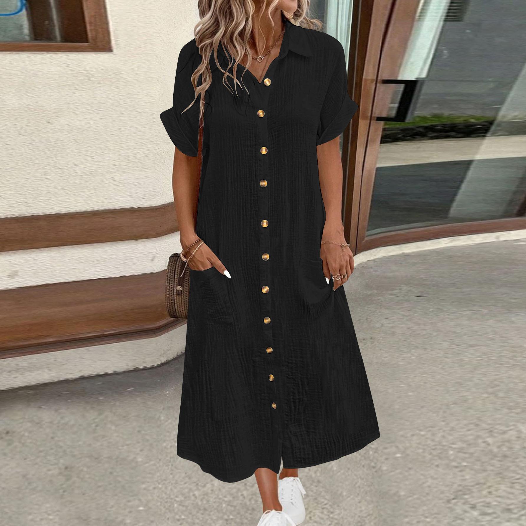 

Женское рубашечное платье летнее с коротким рукавом с лацканами длинное рубашечное платье L чёрный