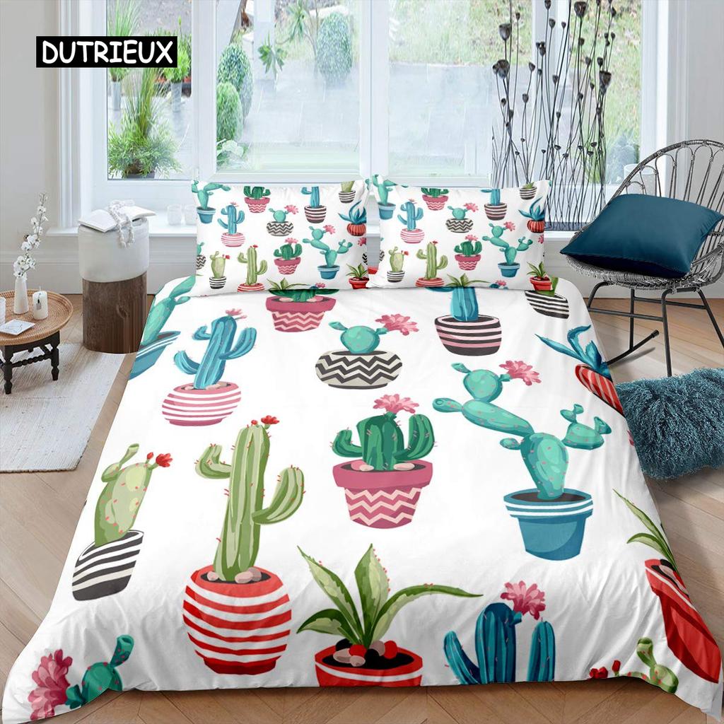 Cactus Duvet Cover Set King Size Hand Painted Style Bedding Set Nature Art Prints Comforter Cover Green Plant Cactus Quilt Cover