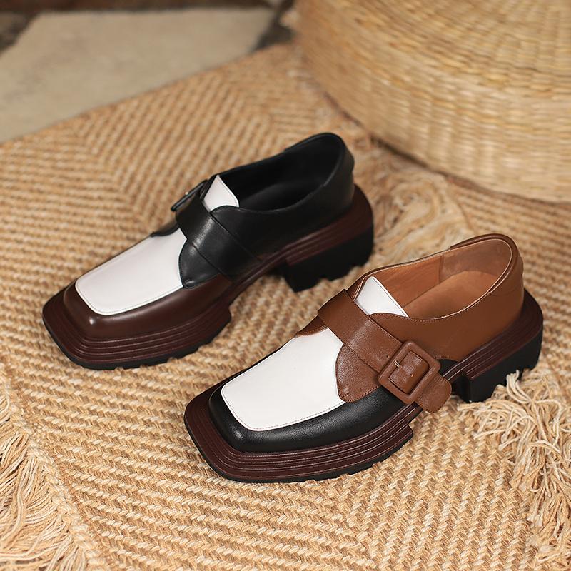 Fashion Mixed Colors Women Shoes 2025 New Genuine Leather Shoes Woman Heels Working Thick Botton Square Toe Women Shoes Shoes for Women