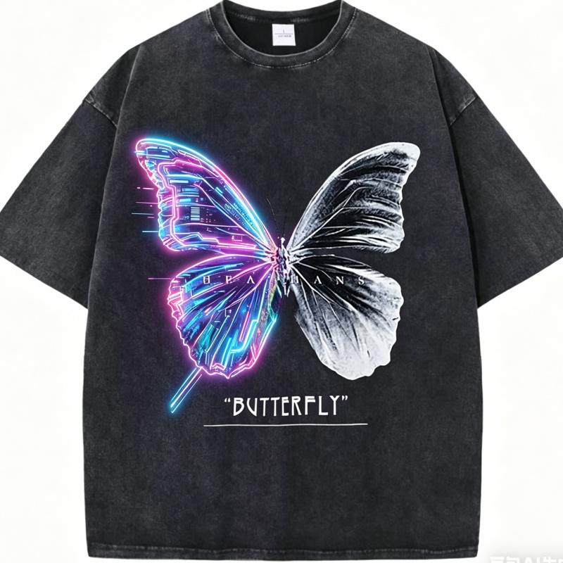 Vintage gewaschenes T-Shirt mit Schmetterlingsdruck BUTTERFLY Textgrafik Lässige Streetwear Unisex Baumwoll-T-Shirt