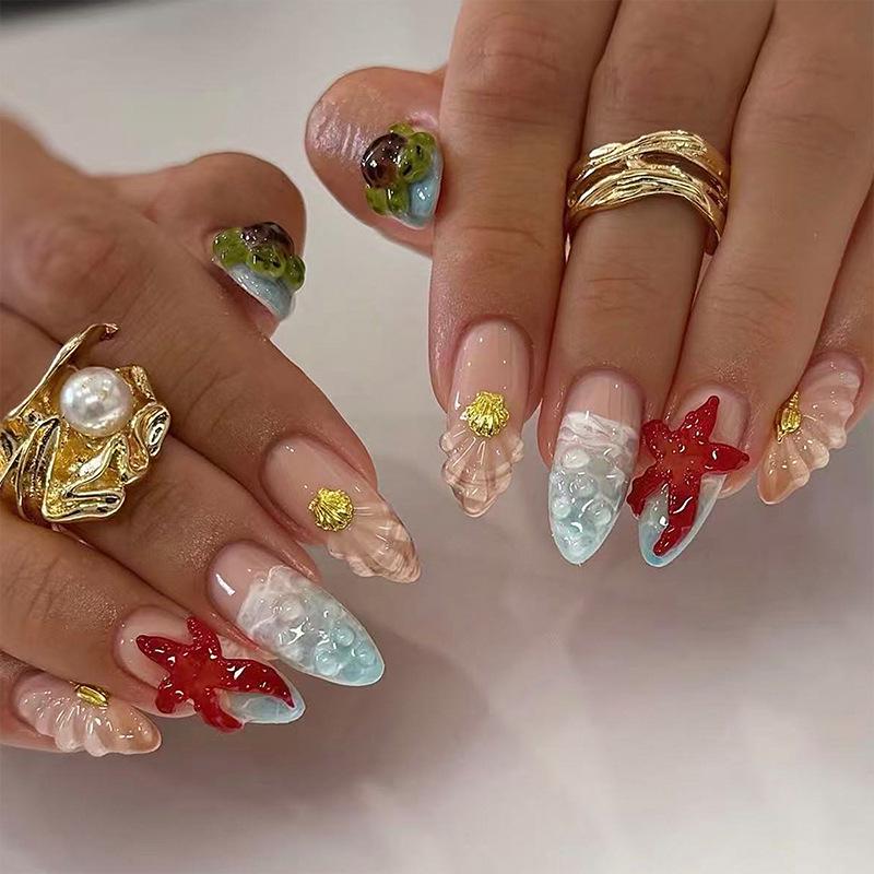 3D Almond Manicure: Rhinestone Starfish Shell Design False Nails