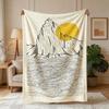 [2D FLAT PRINTING] 1pc Line Drawing Mountain Sea Golden Sun Minimalist Art Themed Flannel Blanket - Large Size, Soft, Lightweight, and Warm, Suitable 
