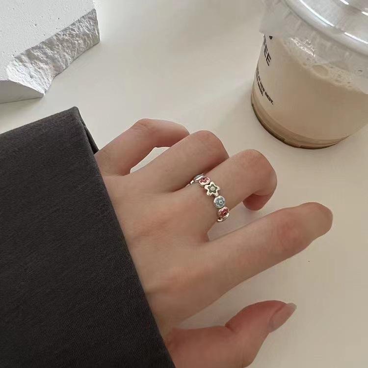 Korean Flower Silver-Plated Enamel Adjustable Ring - Hyun-ah Collection