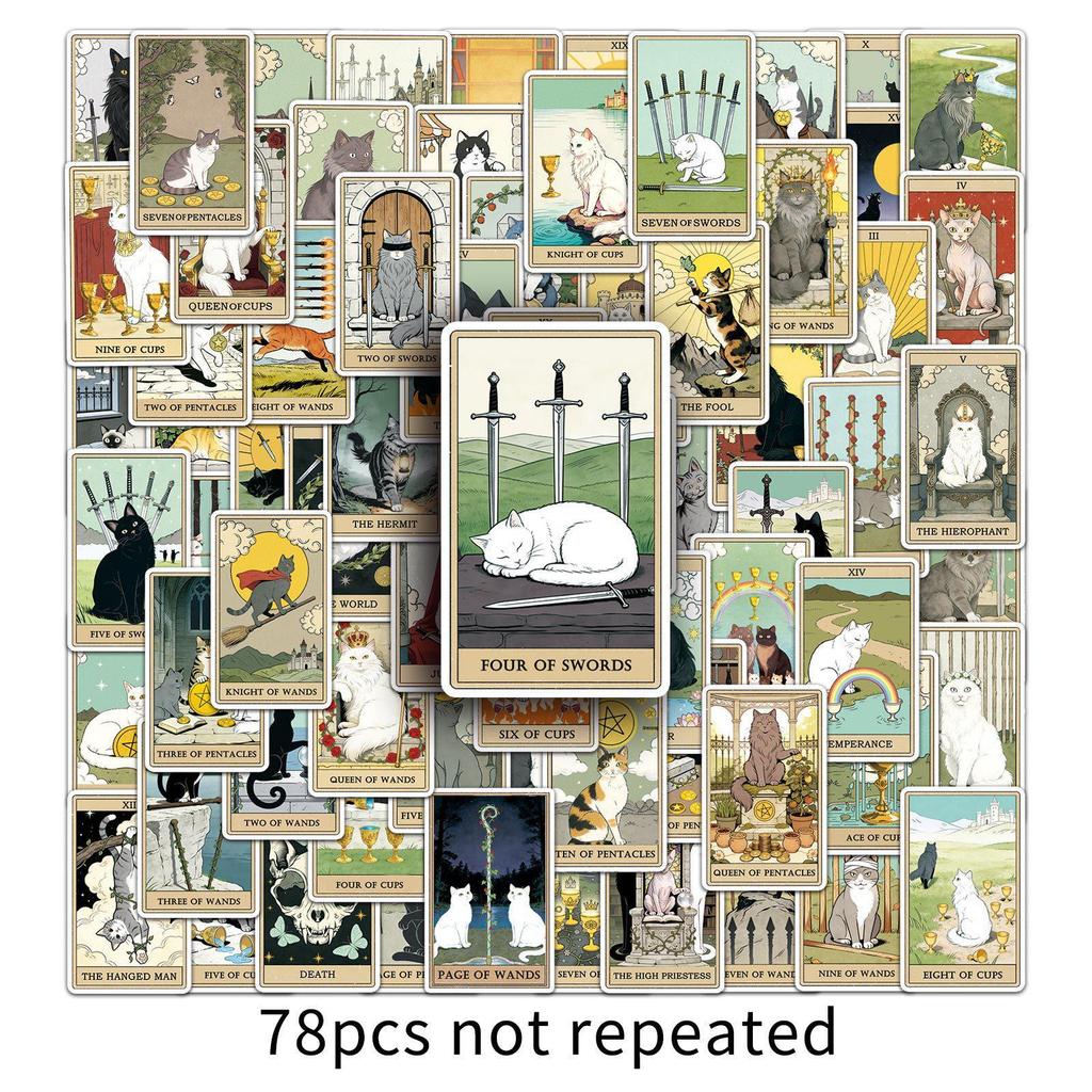 78-Piece Cat Tarot Graffiti Sticker Set - Creative DIY Waterproof Stickers for Phone & Suitcase