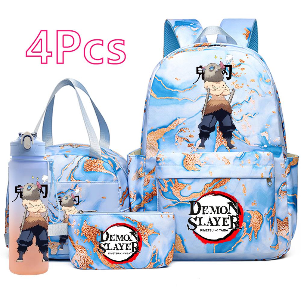 4 Pièces/ensemble Anime Demon Slayer Sac à Dos Imprimé Sac à Main Trousse à Crayons avec Bouteille d'Eau 750ml pour Adolescent Garçon Fille Grande Capacité Sac d'École Imperméable