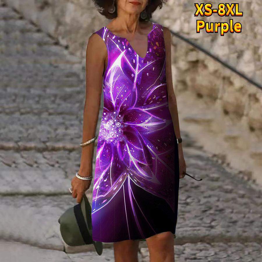Women V Neck Summer A Flower with Green Glowing Stamens Print Dress Casual Sleeveless Fashion Casual Loose Sexy Dresses Plus Size XS-8XL