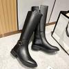 Black Elegant Middle Heel Round Toe Leather Long Boots for Women Autumn Winter Warm Waterproof Pu Knee High Shaft Shoes Woman