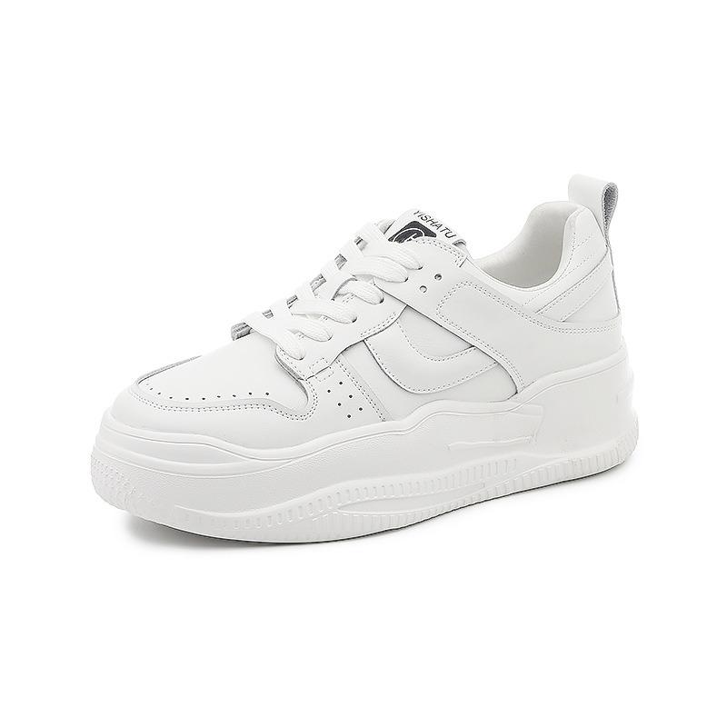 Leather little white shoes women's spring lace-up round head thick-soled versatile casual shoes board shoes women