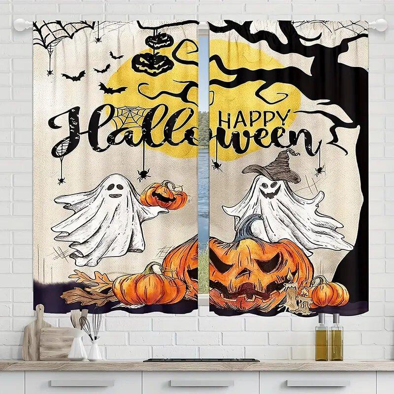 Halloween Ghost Pumpkin Spider Web Pattern Printed Curtains, Window Decorations, Home Decorations, Room Decorations