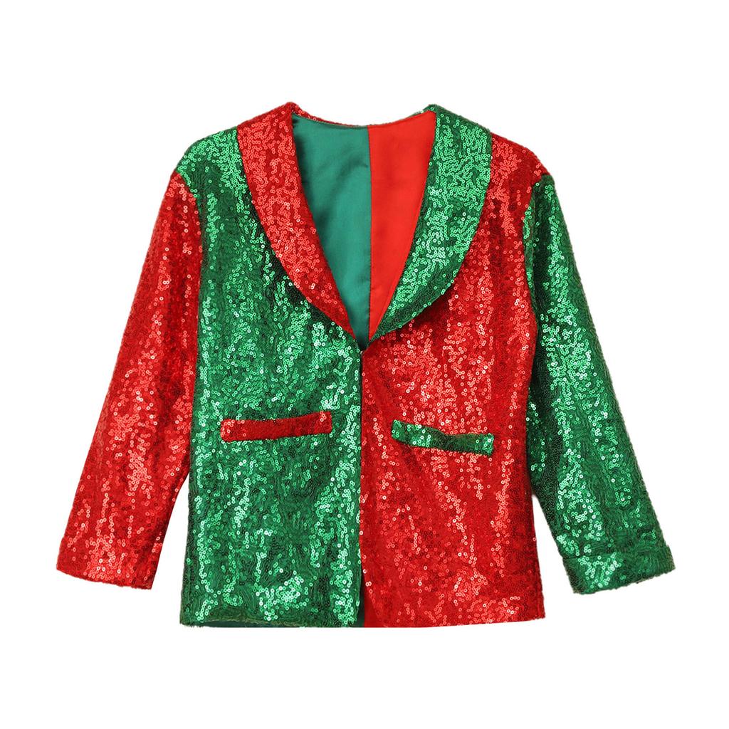 Kids Unisex Christmas Coat Shiny Sequins Lapel Collar Long Sleeve Jacket Latin Jazz Disco Dance Costume