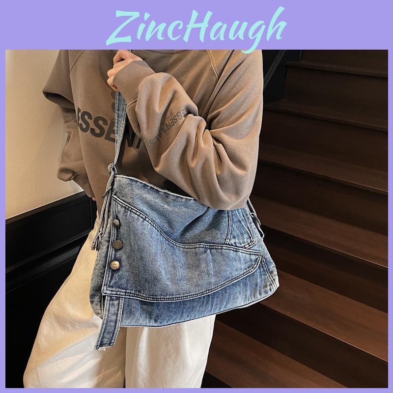 Fashion Denim Bag With Spliced Design And Zipper Closure For Daily Use