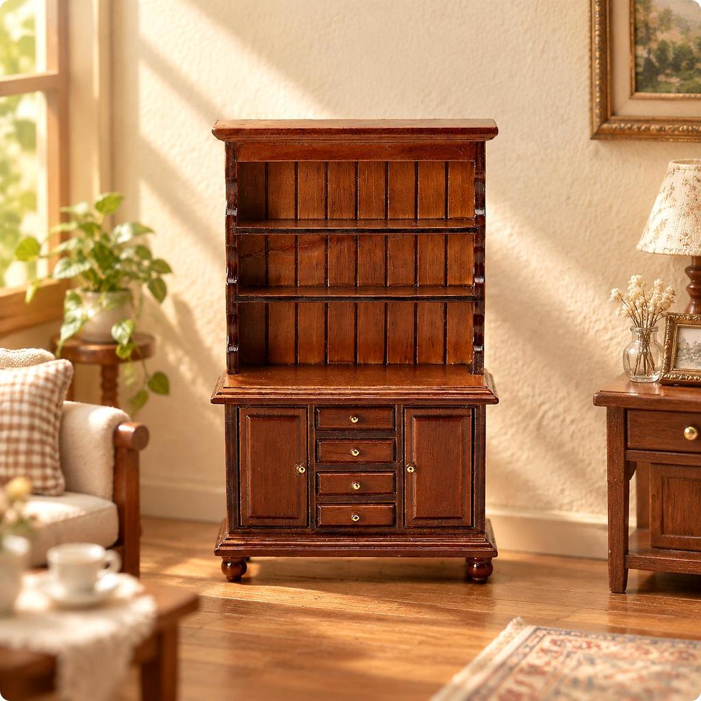 1:12 Scale Wooden Dollhouse Cabinet Detailed Miniature Display with Shelves and Drawers
