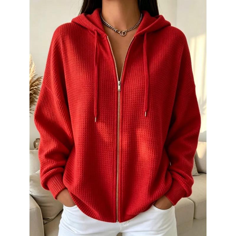 Women S Solid Color Zip Up Hooded Loose Knit Sweatshirt