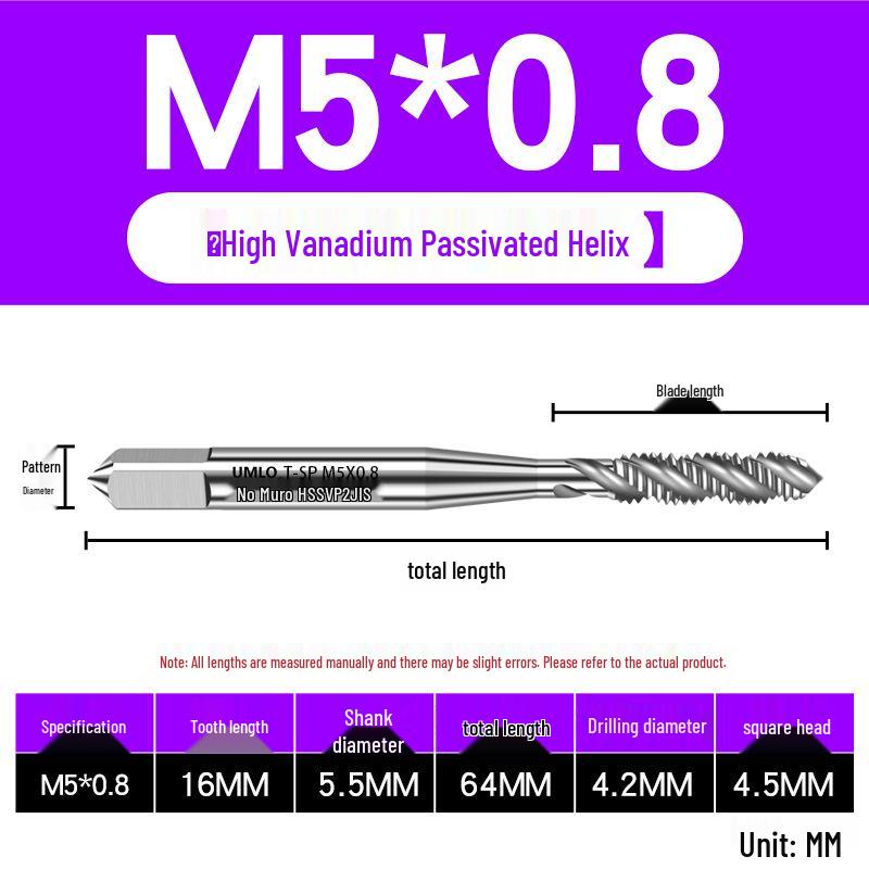 UMLO High Vanadium Spiral Tap Machine for M3-M10 Stainless Steel Tapping