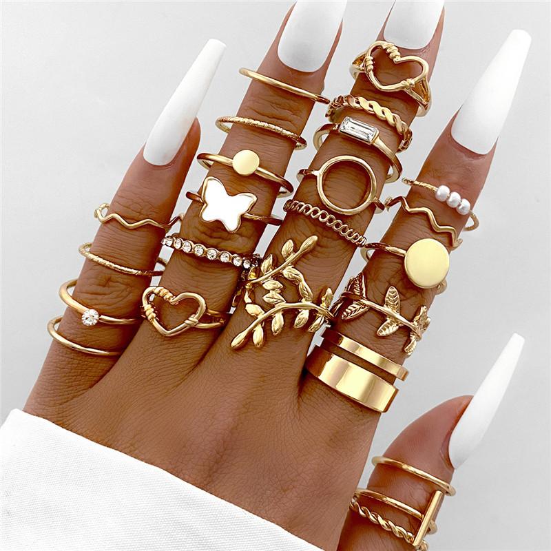 LETAPI Bohemian Vintage Heart Geometric Ring Set For Women Gold Color Boho Butterfly Pearl Hollow Leaves Rings Jewelry Gifts