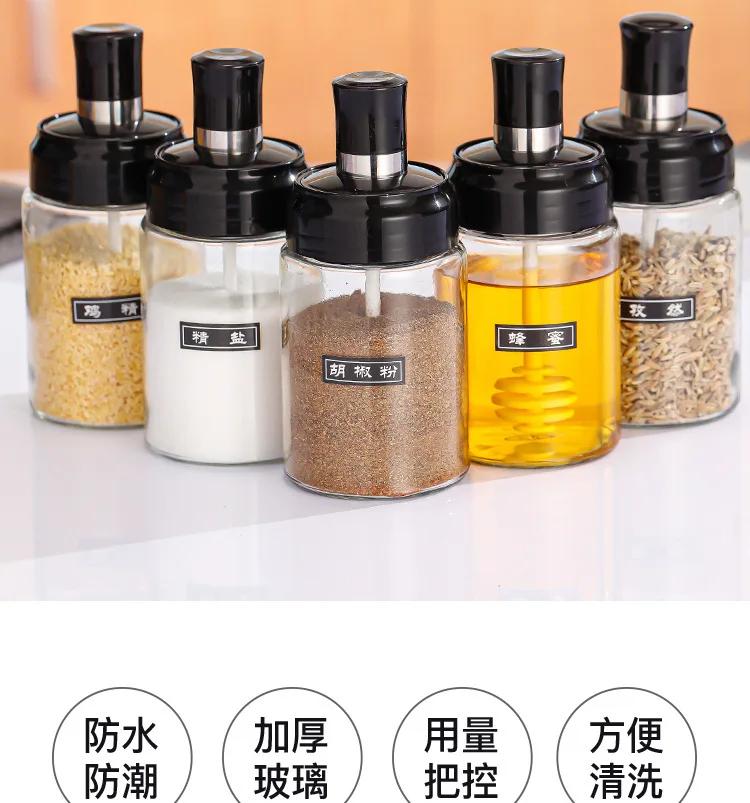 Práctico recipiente transparente para especias, frasco para condimentos con cuchara, salero y pimentero, azucarero, utensilios de cocina.