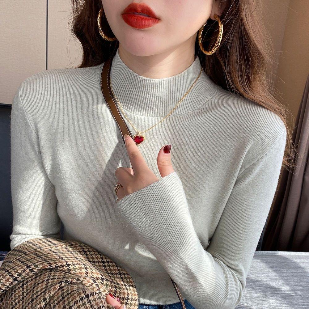 Women's Long-Sleeve Half-High Neck Base Layer Sweater for Spring and Autumn - Versatile Thin Knit Top for Inner Wear, Slim-Fit and Slimming
