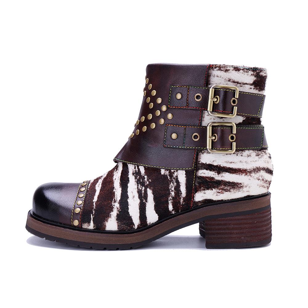 Johnature Genuine Leather Horsehair Patchwork Short Boots Retro Rivet Thick Heel Women's Boots