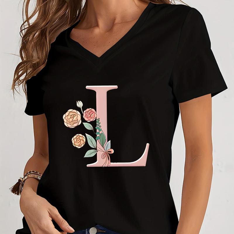Cartoon Alphabet Flower Graphic Tee Womens Clothing Pink Flower Alphabet Gift Tshirt FeUnisex Vintage 26 Initials Flower Tshirt