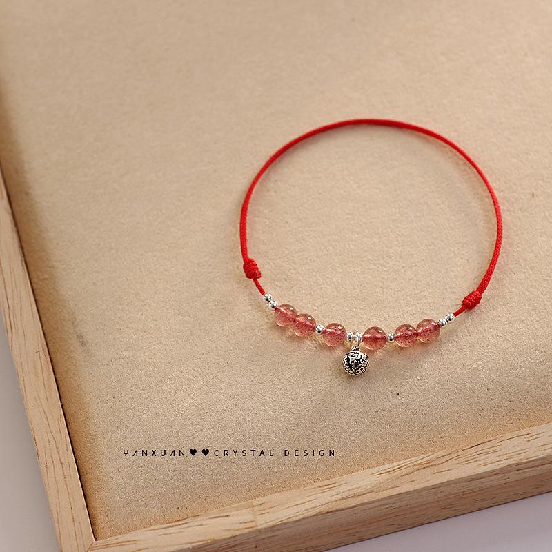Original Red String Woven with Natural Strawberry crystal9Silver Anklet for Women with Bells and Crystals, Vintage Simple Star-shaped Ankle Chain