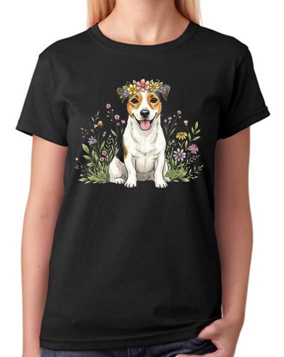 Floral Jack Russell Terrier Illustration Ladies T-Shirt Cute Dog Tee L