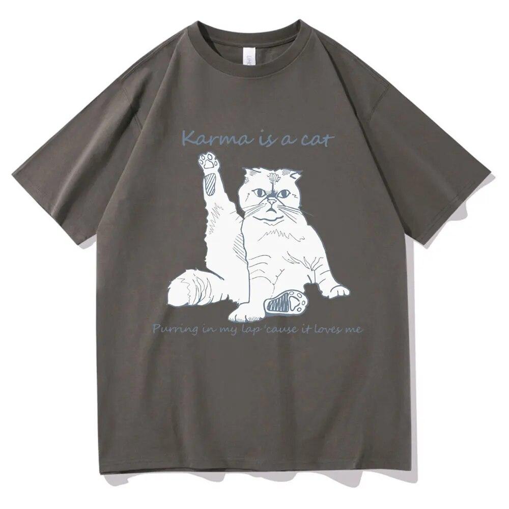 Karma Is A Cat T-skjorte med grafisk trykk Unisex kvinner Uformell Søte T-skjorter i bomull Overdimensjonerte par Kortermet Streetwear-gaver