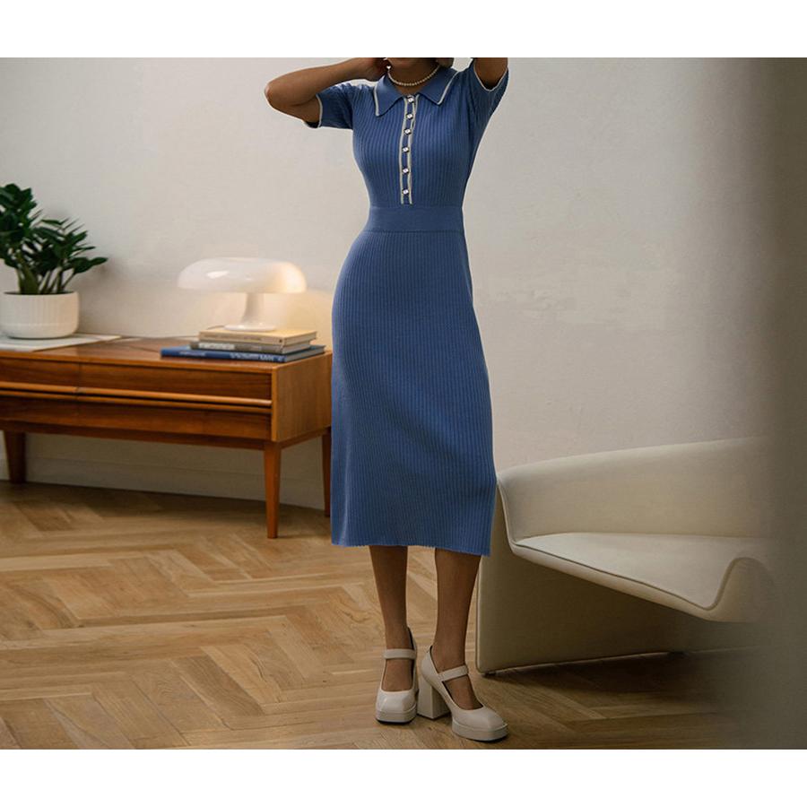 Elegant Color Block Ruffle Short Sleeve Dress for Women, Slim Fit, Waistline, Long Skirt