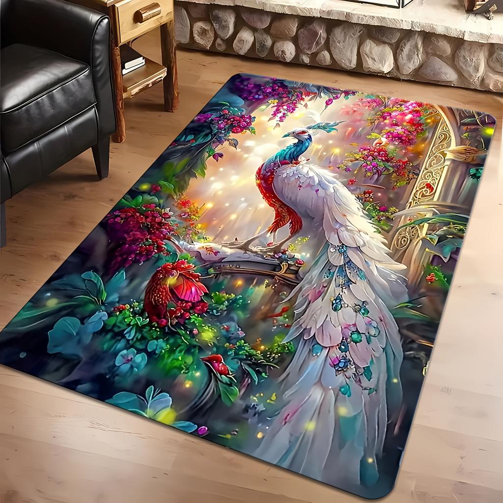Vibrant Peacock Floral Fantasy Area Rug Nature Print Boho Style Decor Floor Mat for Living Room and Hallway Accent Rug