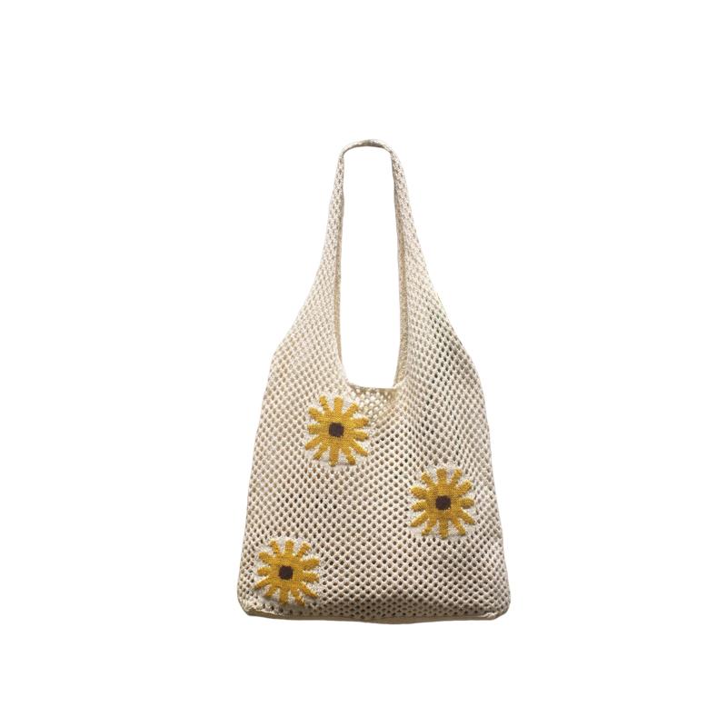 Shoulder Bag For Women Spring Summer Flowers Print Knitted Tote Bag Lightweight Travel Crochet Bag Flower Shopper Bag