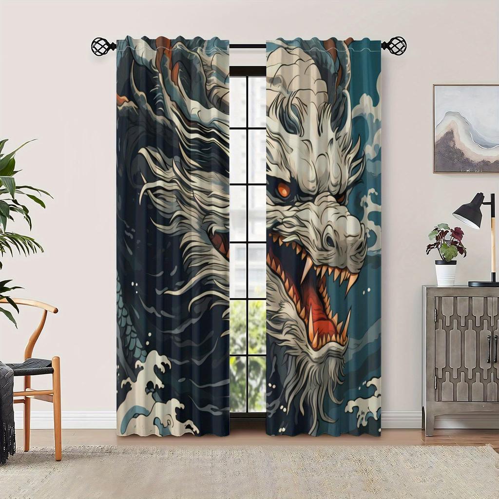 2pcs Dragon Design Blackout Curtains for Living Room  Polyester Retro Style with Grommet Top   Machine Washable   Vibrant