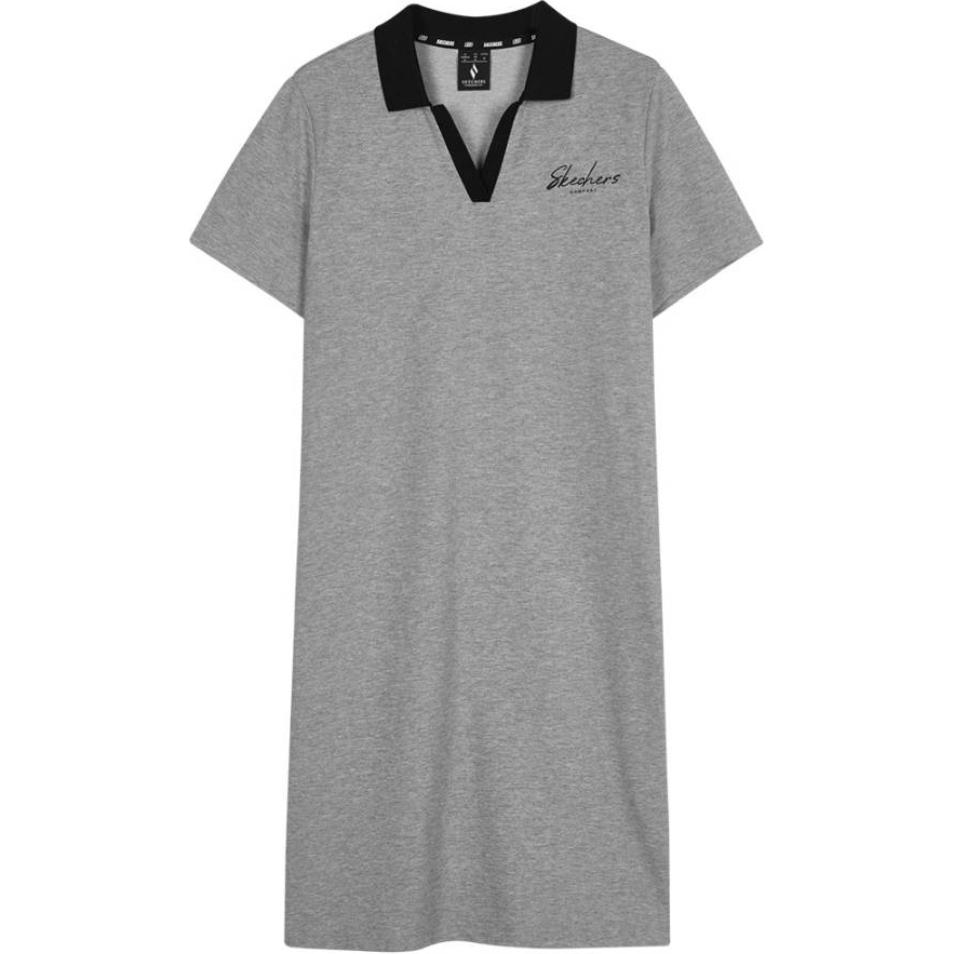 Skechers Polo Neck Letter Comfortable Breathable Short Sleeve Dress Women dresses Light-Gray L224W095-004F S